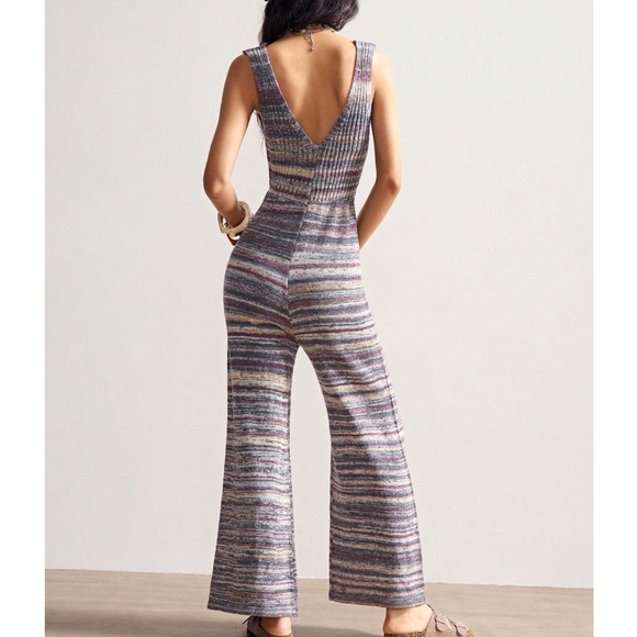 Boho Multicolor Stripes Knit V neck SleeveLess Wide leg Jumpsuit - Picture 6 of 6